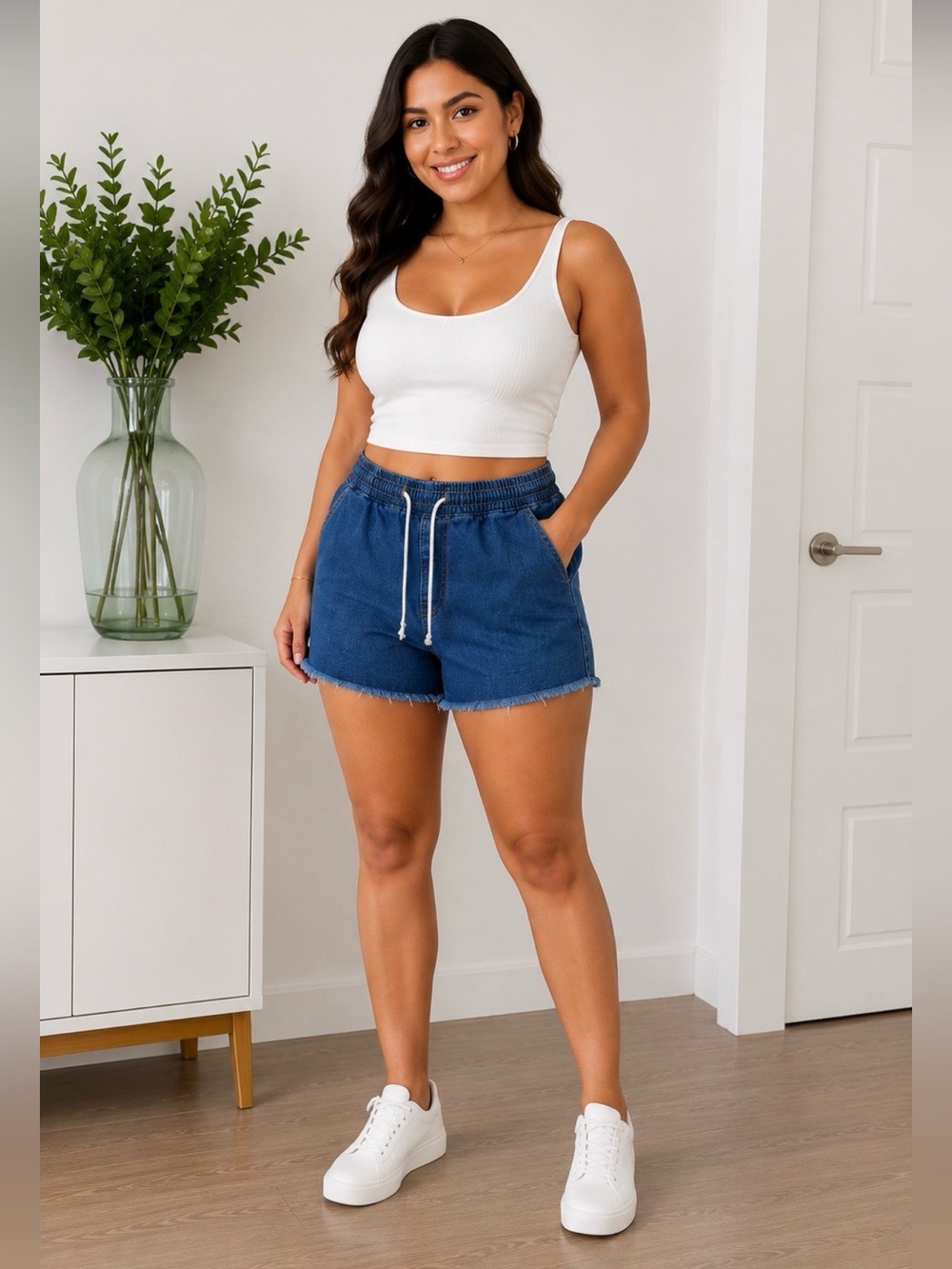 Women’s Denim Drawstring Pull On Shorts Blue Frayed Hem Casual | XL